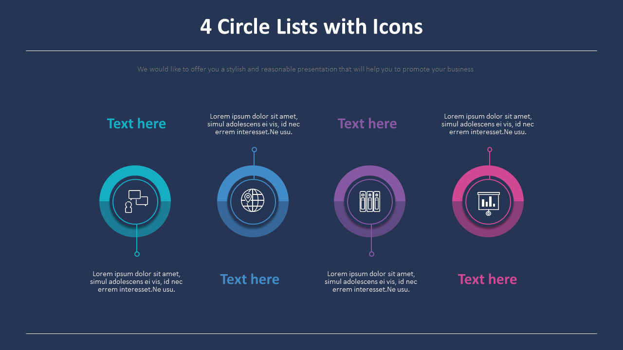 4 Circle Lists with Icons Diagram