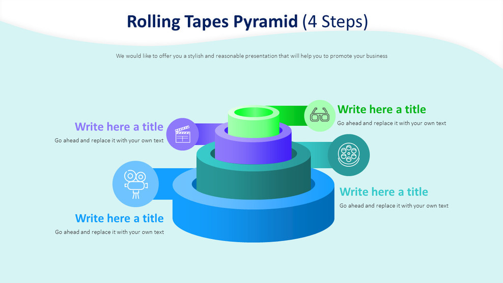 Rolling Tapes Pyramid Diagram (4 Steps)