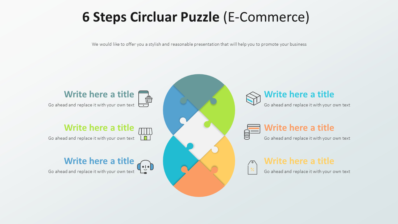 适用于电子商务流程的 6 步圆形拼图布局免费 PPT 幻灯片_02
