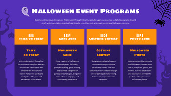 PowerPoint-Vorlage für Halloween-Veranstaltungsplanung | Gruseliges Design in Lila & Kürbisorange PPT-Präsentation skizzieren_04