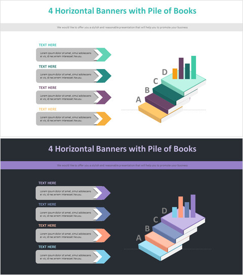 4 bannières horizontales avec diagramme de tas de livres_2 slides