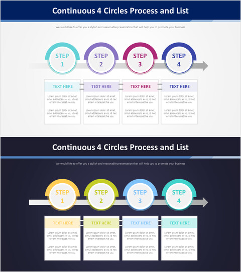 Processo continuo a 4 cerchi e diagramma a elenco_2 slides