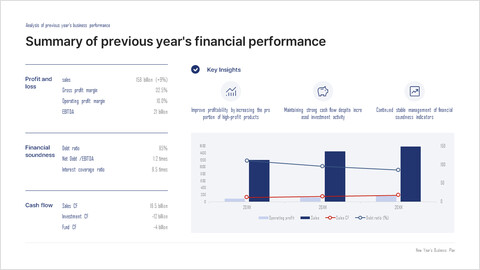 PowerPoint-Vorlage für eine einzelne Folie: Finanzielle Leistungsübersicht des Vorjahres Präsentationsfolie_2 slides