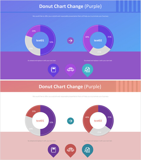 紫色甜甜圈图免费 PPT 幻灯片 – 可编辑 PowerPoint 数据设计_4 slides